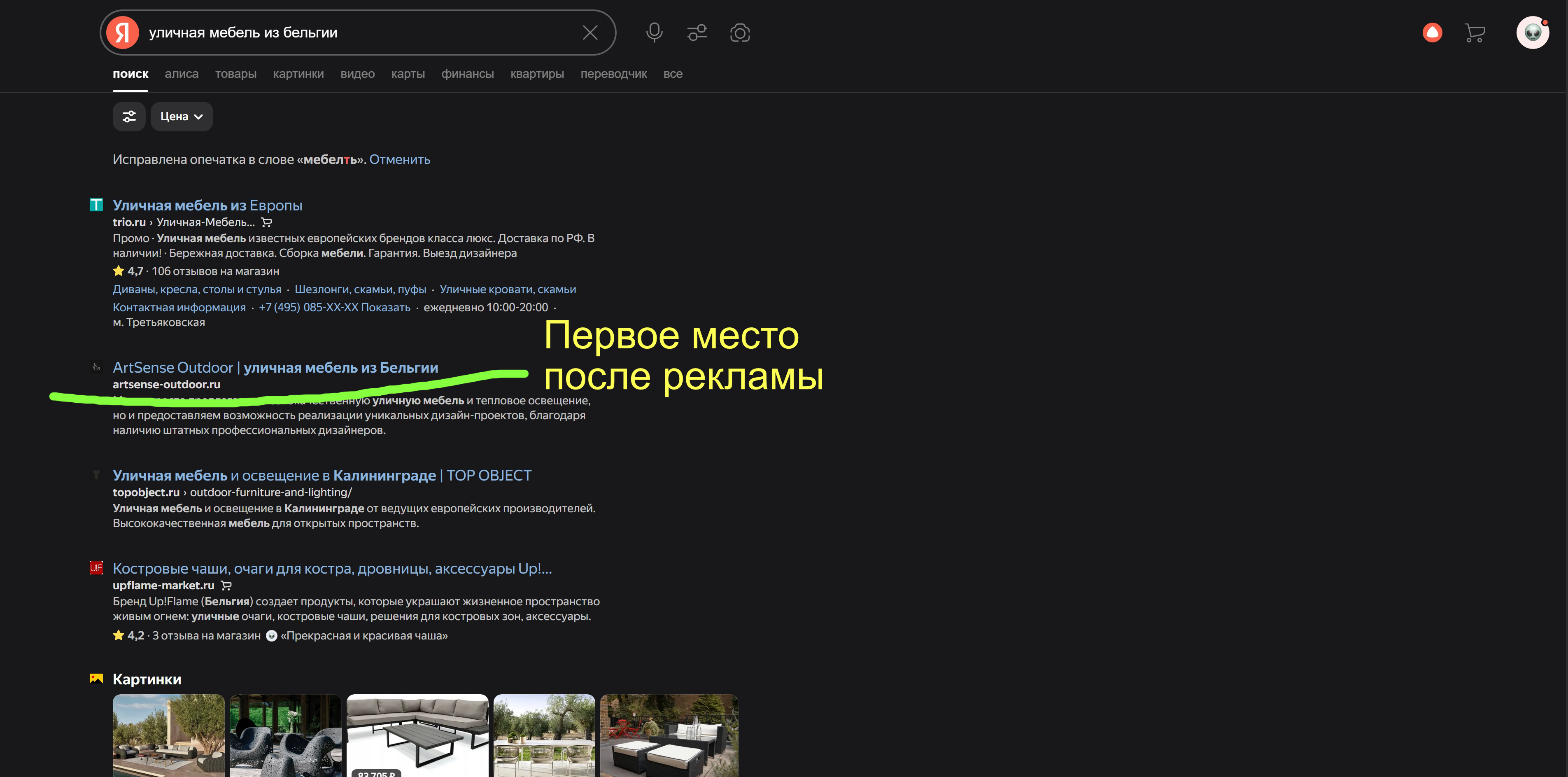 Сайт artsense-outdoor.ru занимает в Яндекс первое место в поисковой выдаче